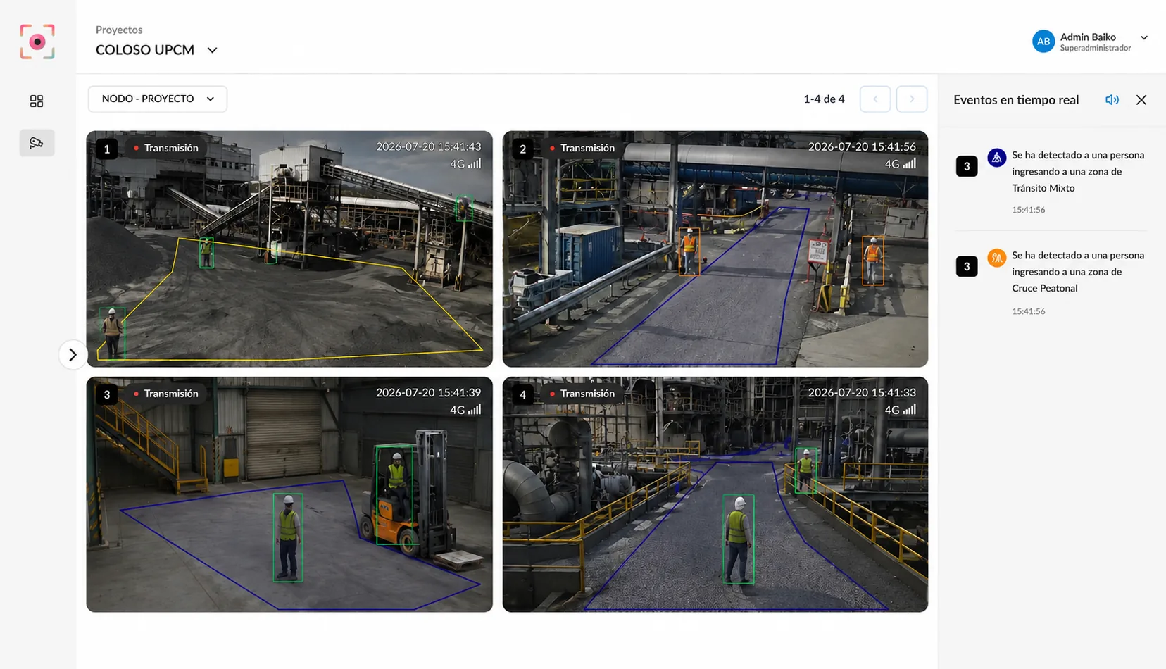 Plataforma Zentrali: monitoreo en vivo de 4 cámaras con detección de personas y zonas críticas, y panel de eventos en tiempo real
